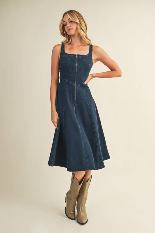 FRONT ZIP CORSET DENIM DRESS