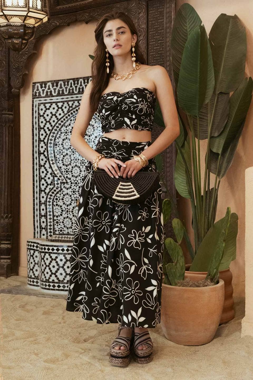 FLORAL SMOCKED WAIST POPLIN MIDI SKIRT