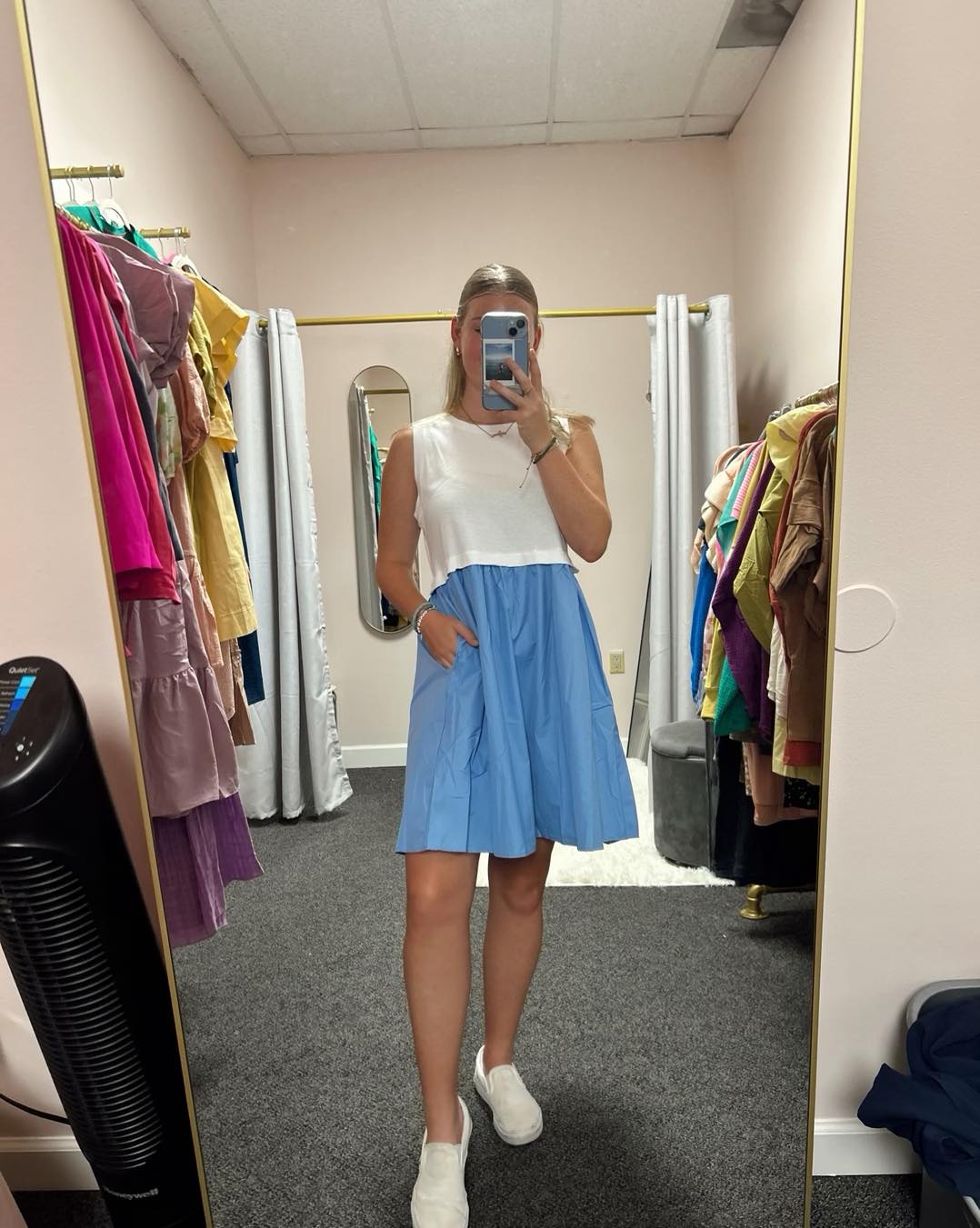 MIX MEDIA SLEEVELESS BABYDOLL MINI DRESS