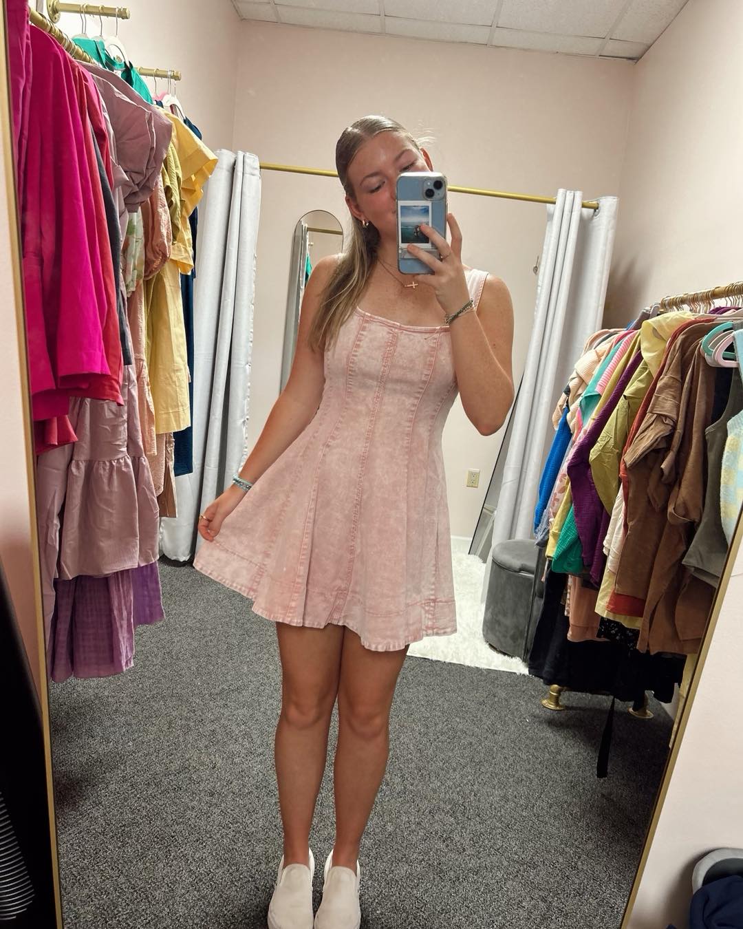 PANEL DENIM MINI DRESS WASHED PINK