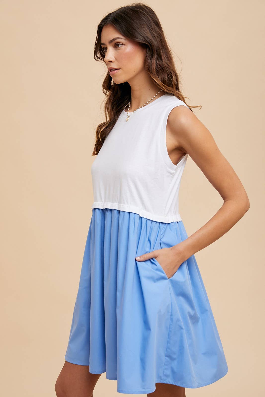 MIX MEDIA SLEEVELESS BABYDOLL MINI DRESS