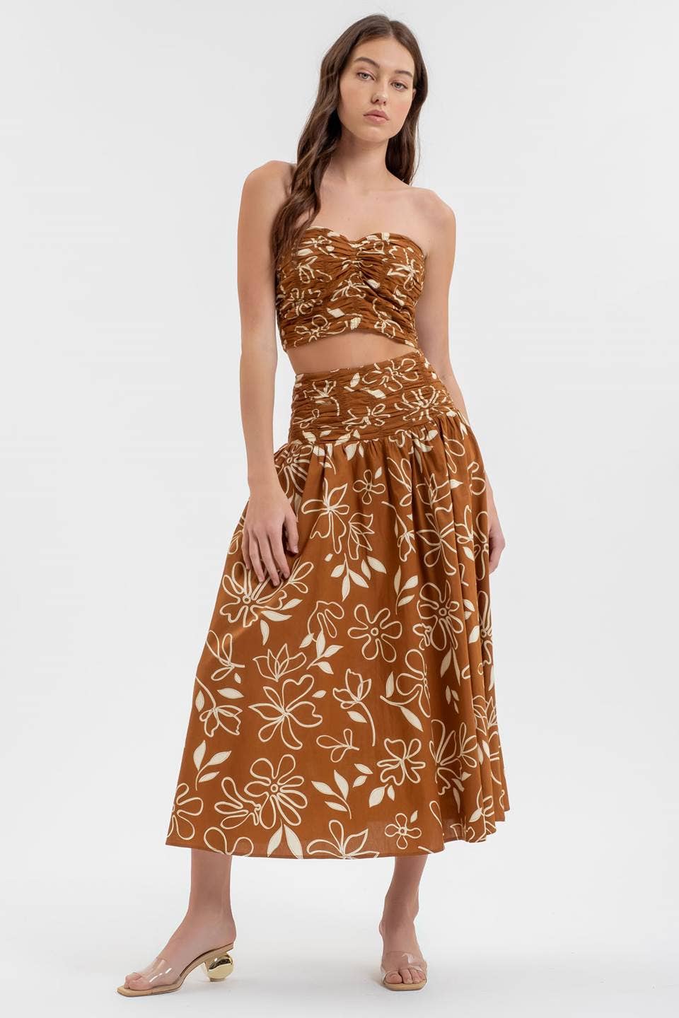 FLORAL SMOCKED WAIST POPLIN MIDI SKIRT