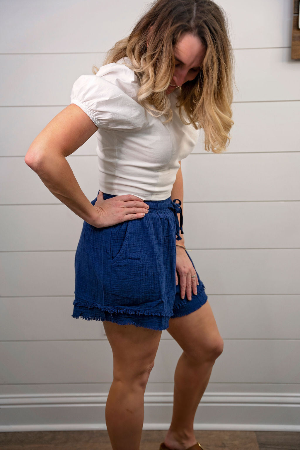 Crinkled Double Frayed Hem Shorts