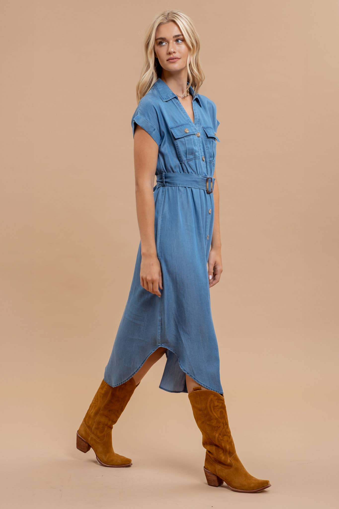 CHAMBRAY  BELTED MIDI DRESS