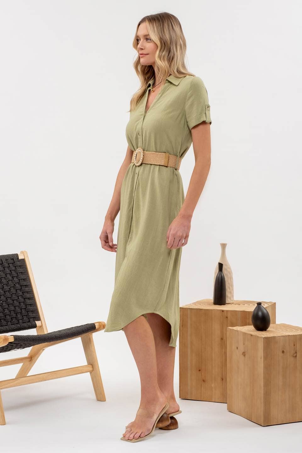 BELTED MIDI DRESS: NATURAL