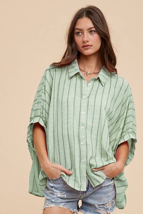 OVERSIZED DROP SHOULDER STRIPED WOVEN BLOUSE