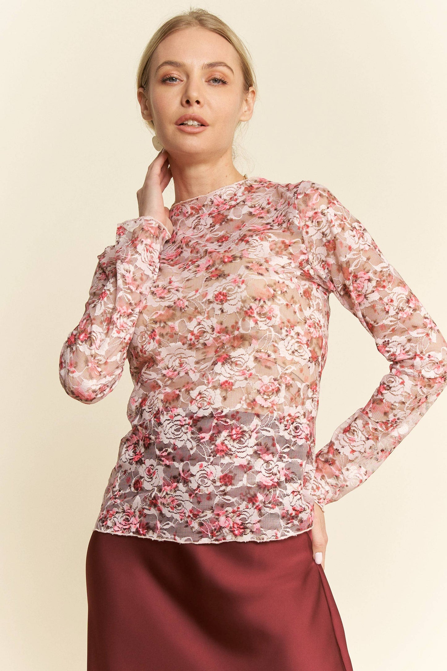 FLORAL MESH LONG SLEEVE LAYERING TOP