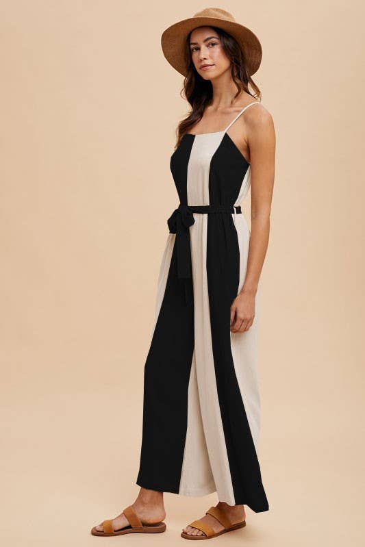 COLOR BLOCK LINEN WIDE LEG JUMPSUIT