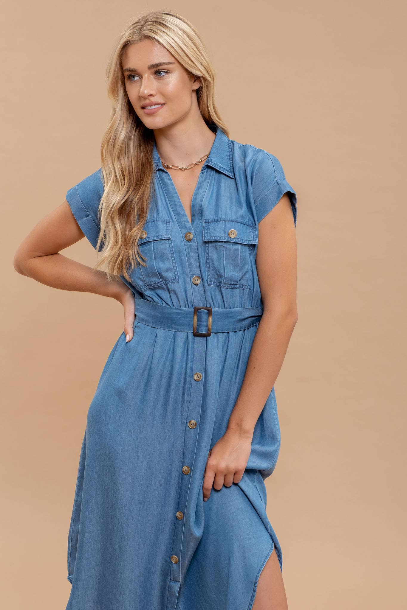 CHAMBRAY  BELTED MIDI DRESS