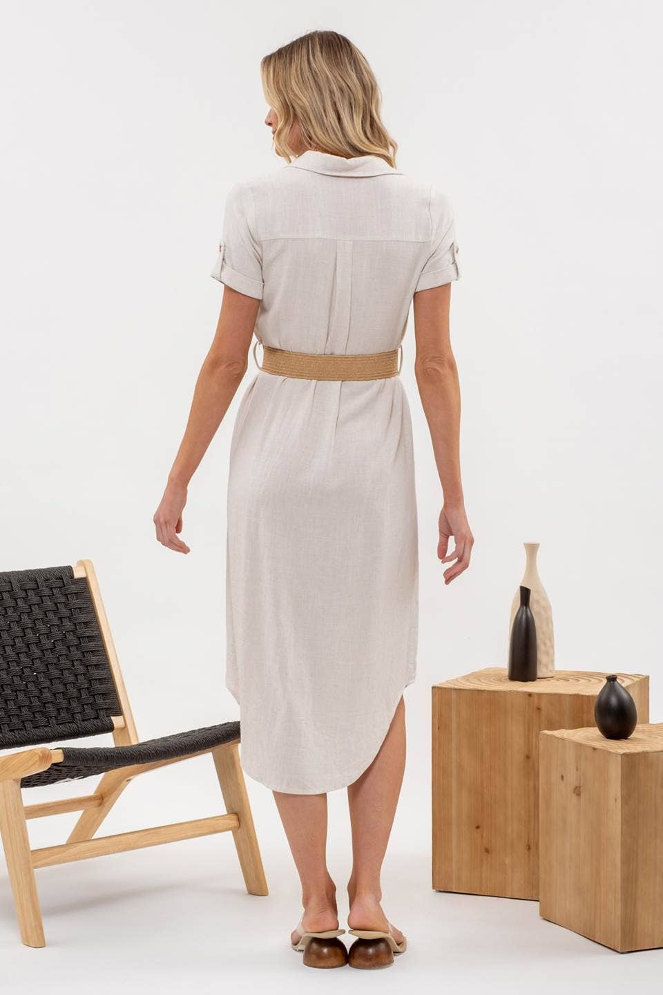 BELTED MIDI DRESS: NATURAL