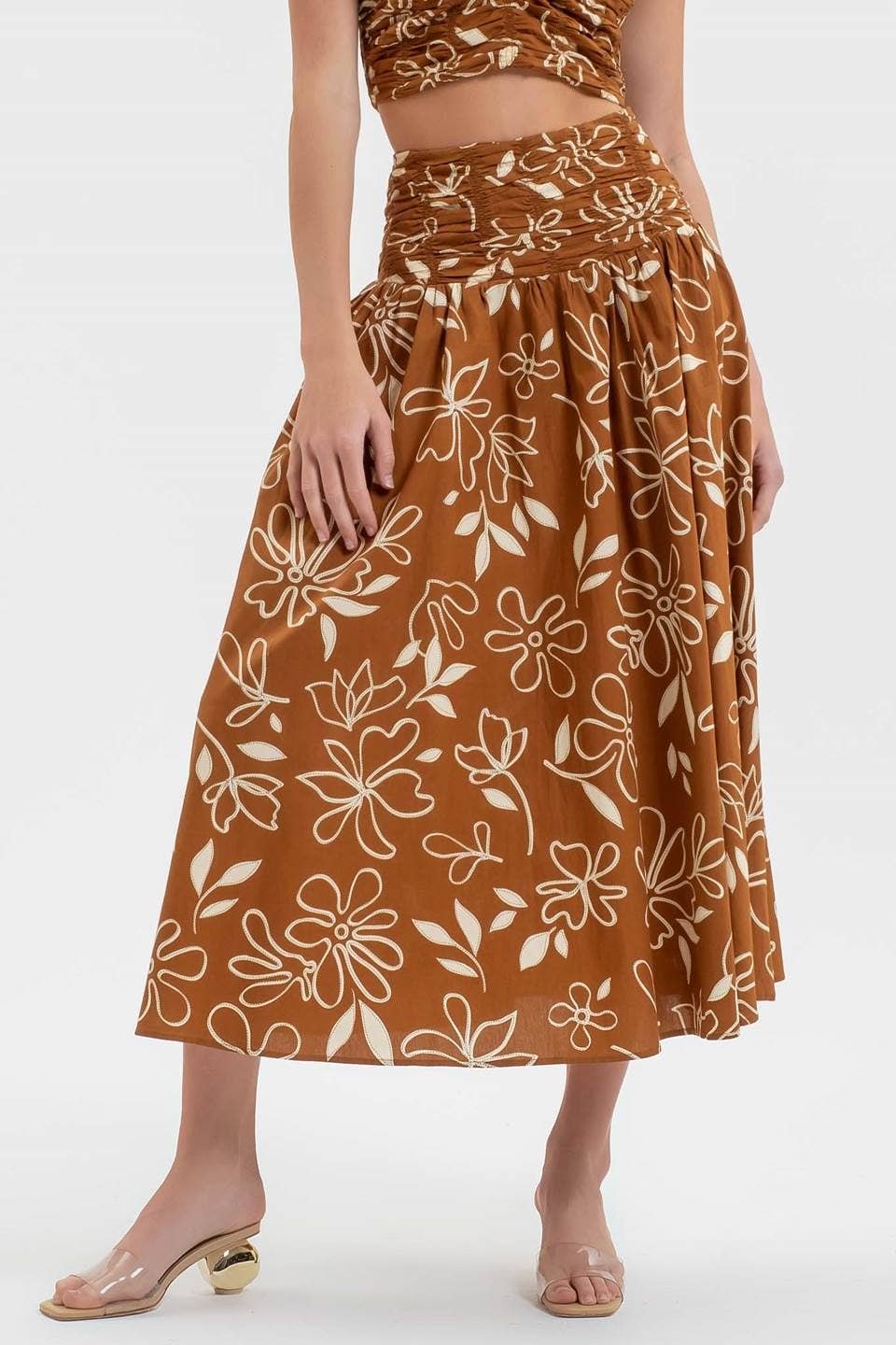 FLORAL SMOCKED WAIST POPLIN MIDI SKIRT