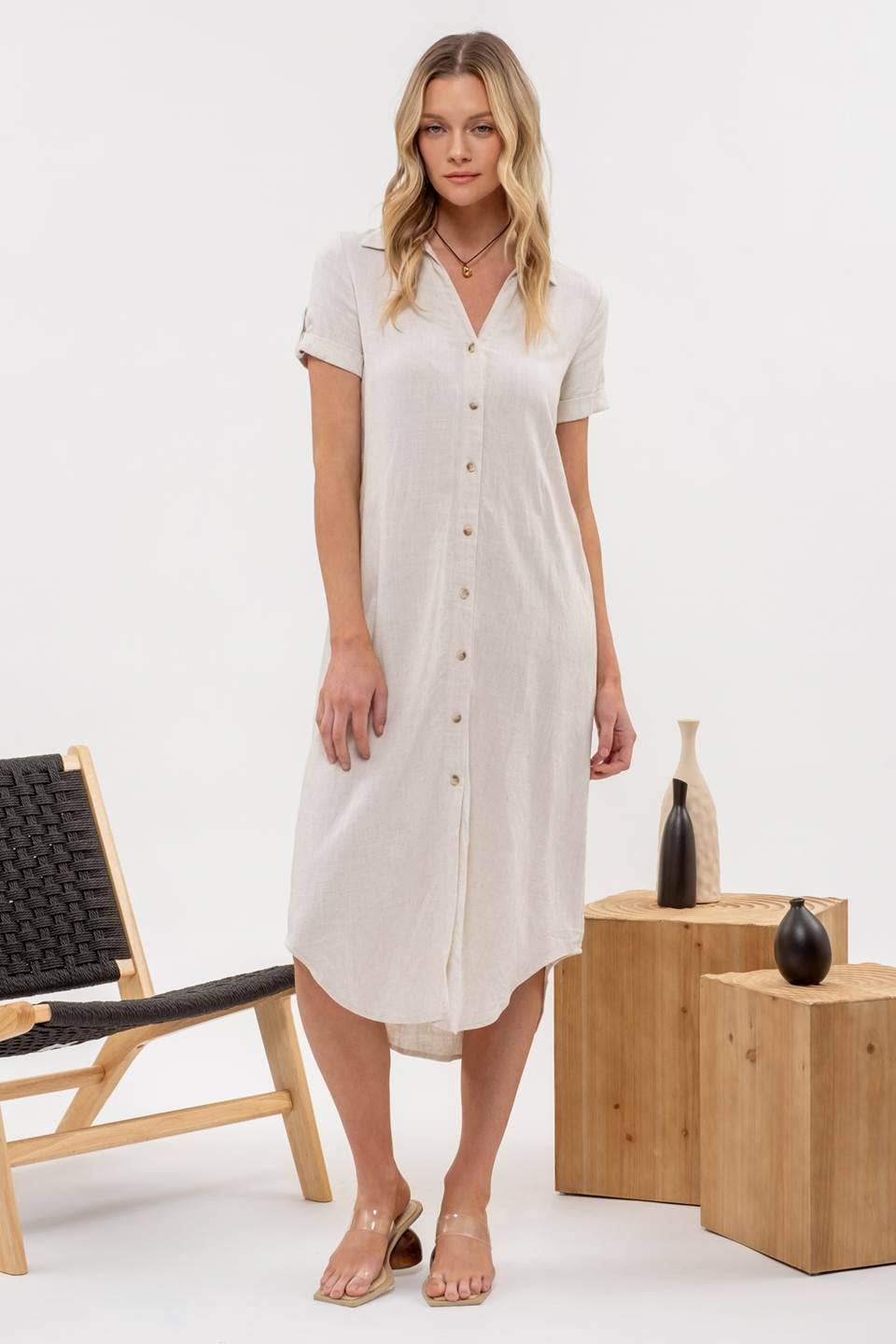 BELTED MIDI DRESS: NATURAL