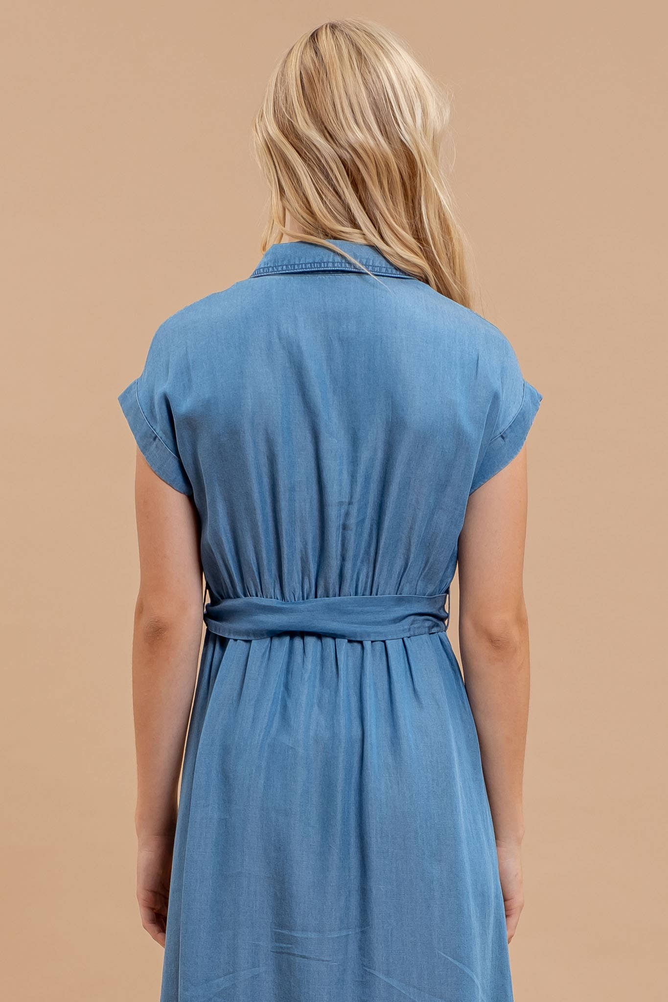 CHAMBRAY  BELTED MIDI DRESS