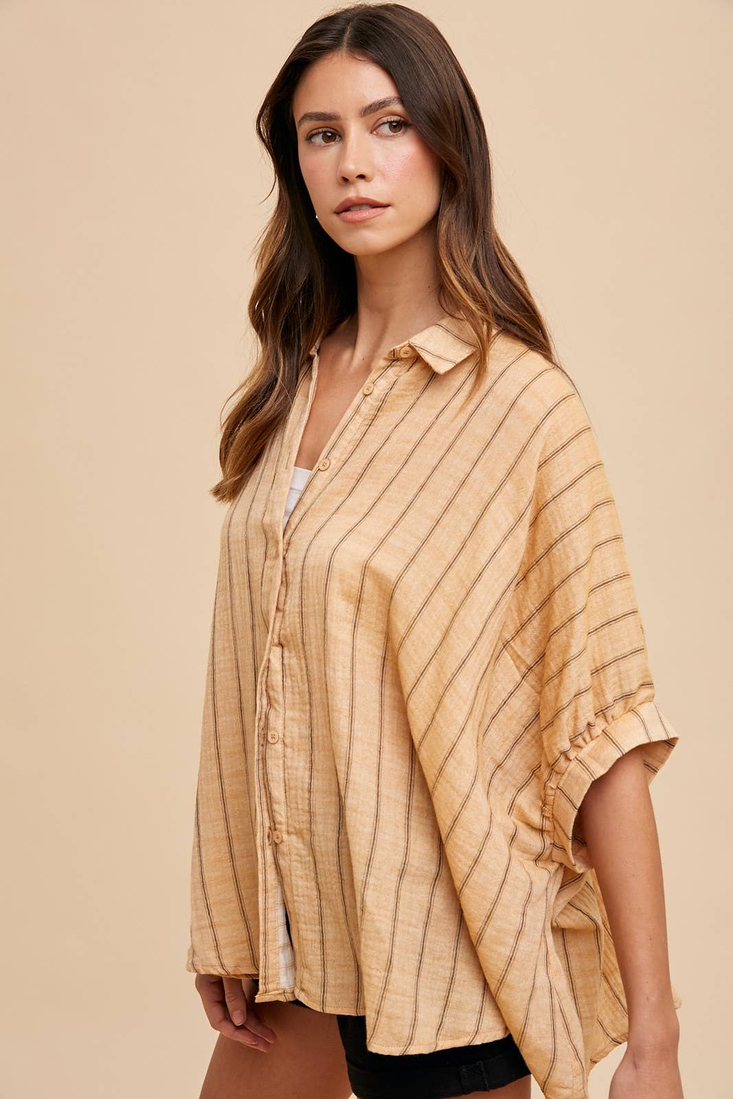 OVERSIZED DROP SHOULDER STRIPED WOVEN BLOUSE