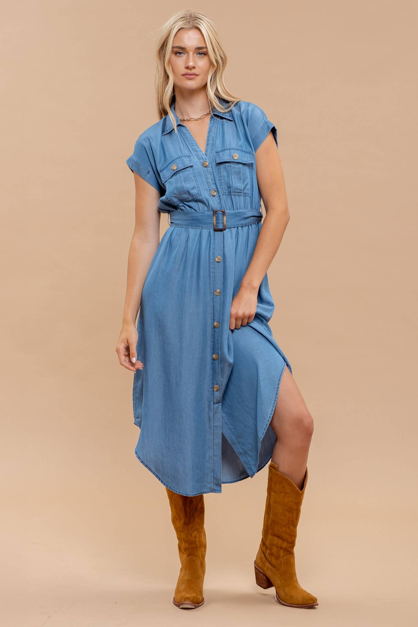 CHAMBRAY  BELTED MIDI DRESS