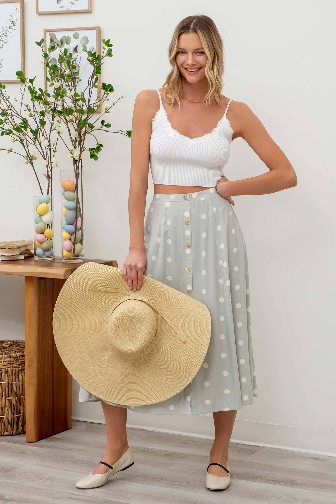 POLKA DOT BUTTON DOWN MIDI SKIRT