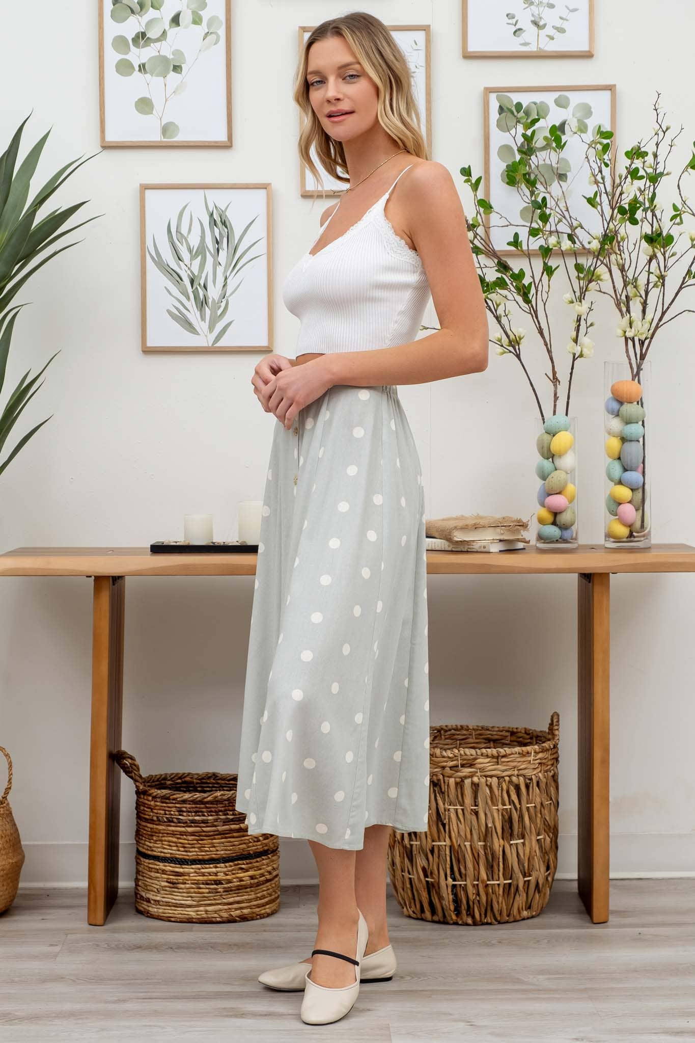 POLKA DOT BUTTON DOWN MIDI SKIRT