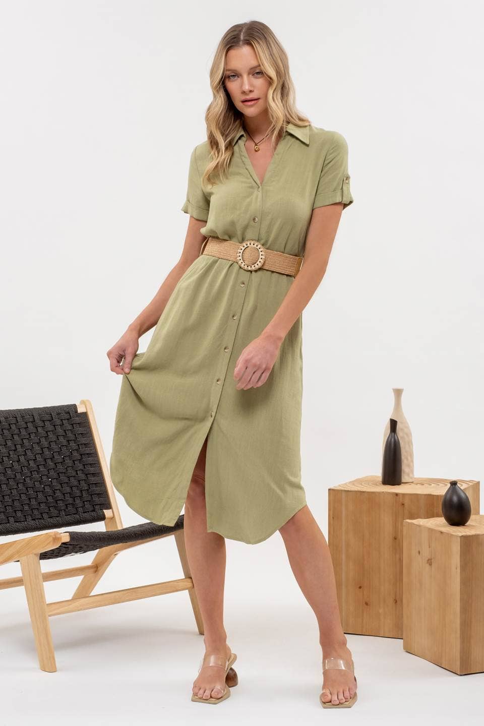 BELTED MIDI DRESS: NATURAL