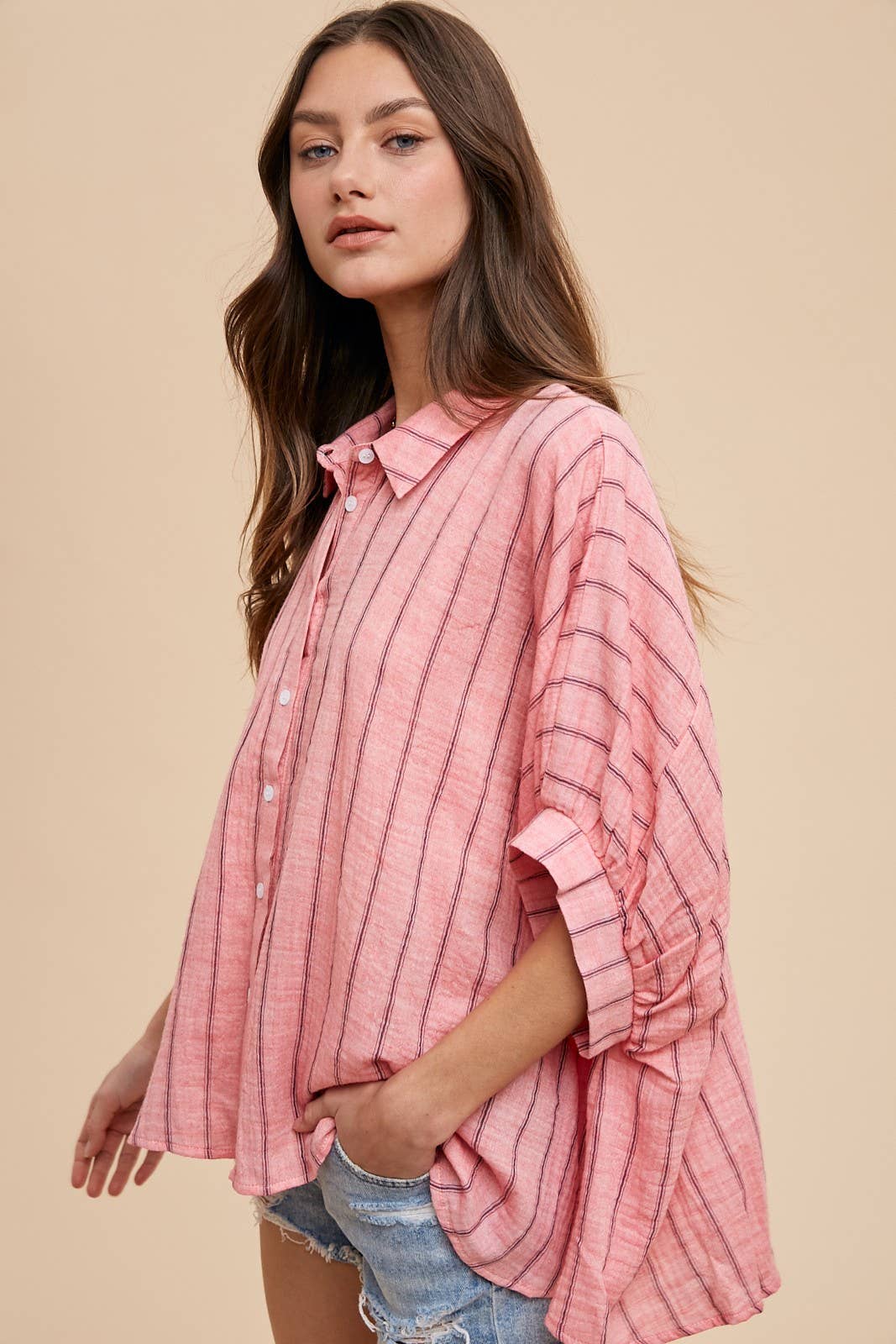 OVERSIZED DROP SHOULDER STRIPED WOVEN BLOUSE