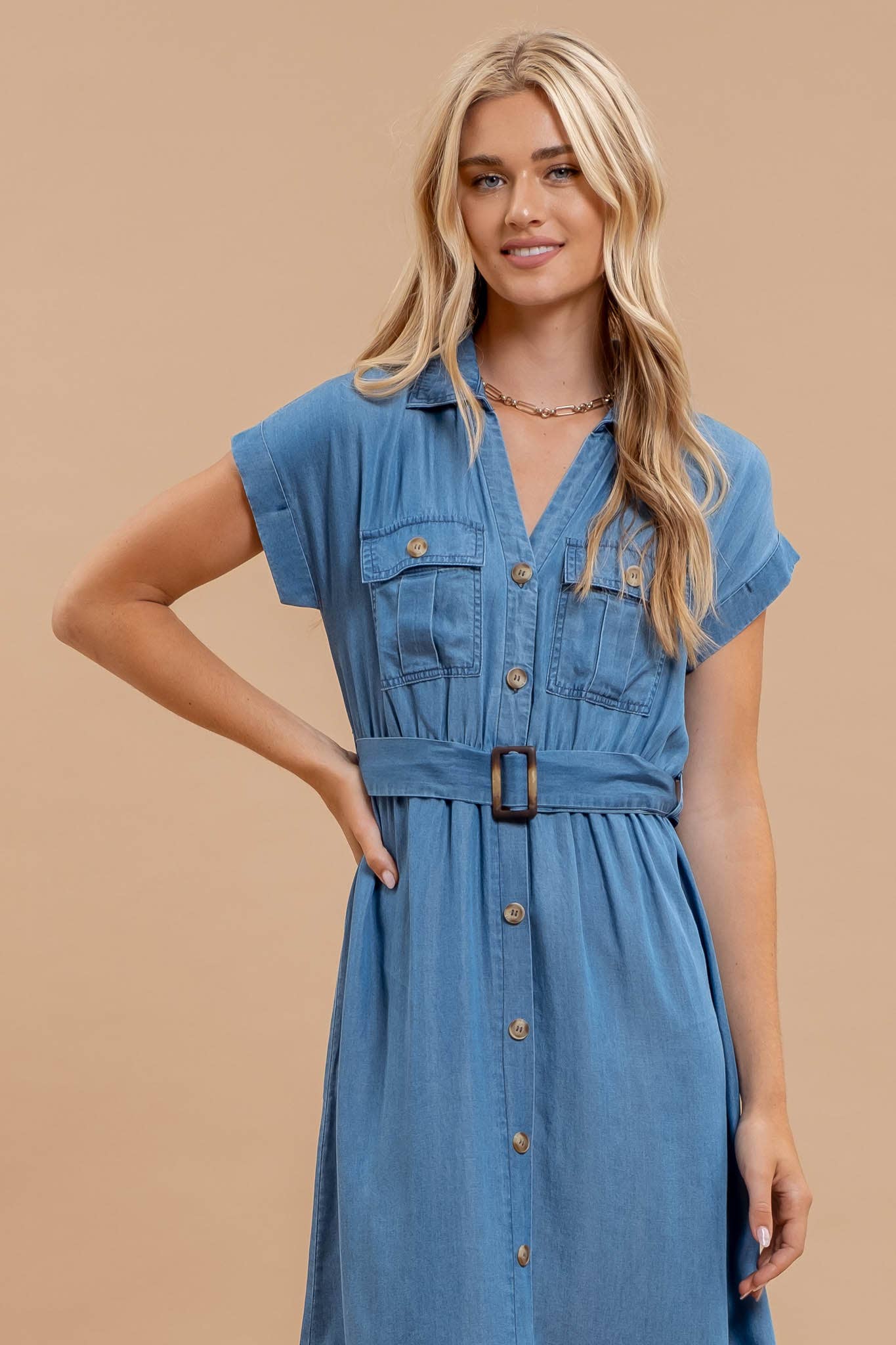 CHAMBRAY  BELTED MIDI DRESS