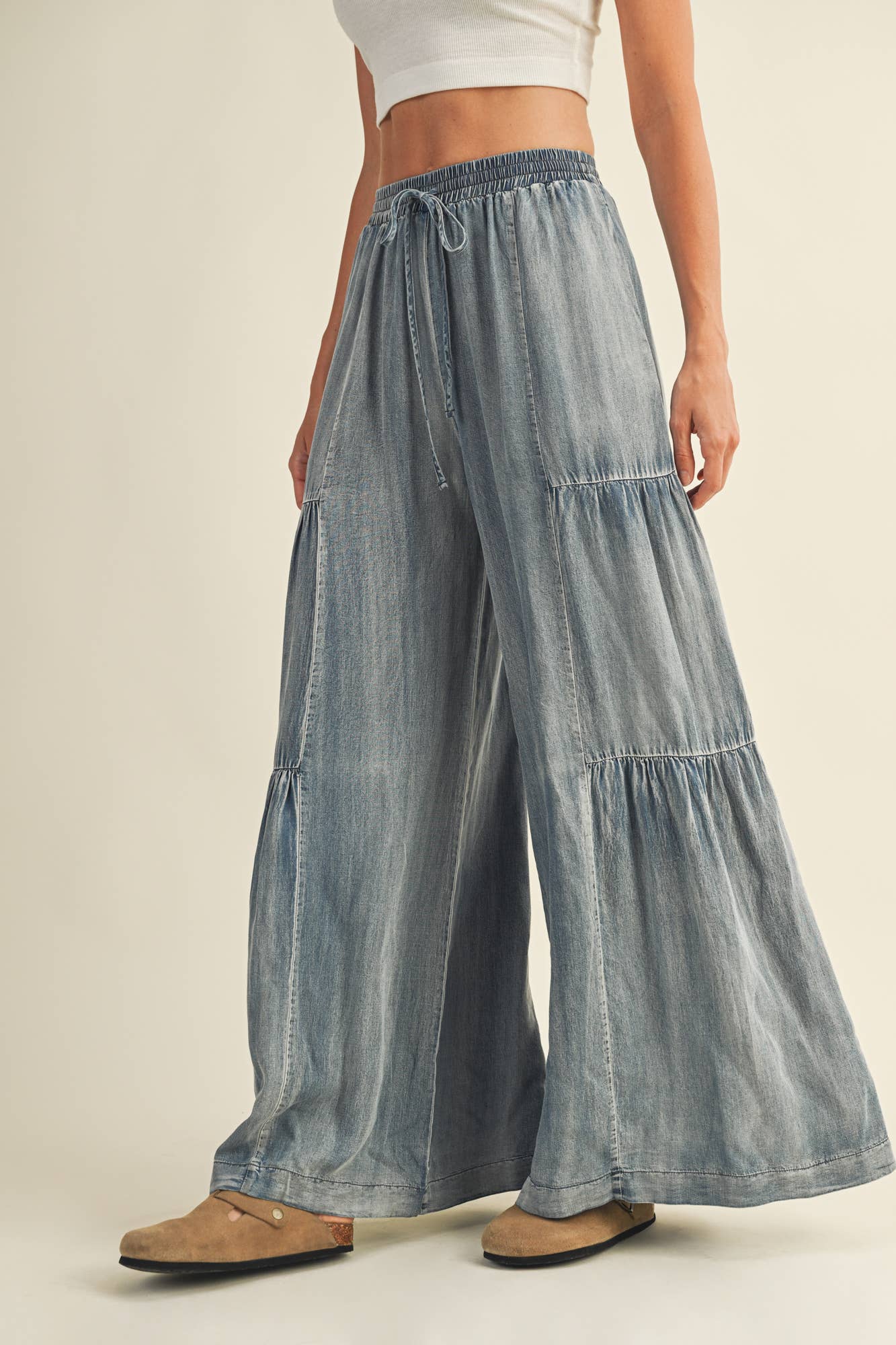 Side Ruffle Pants RUFFLED SIDE WASHED DENIM WIDE PANTS – Coastique
