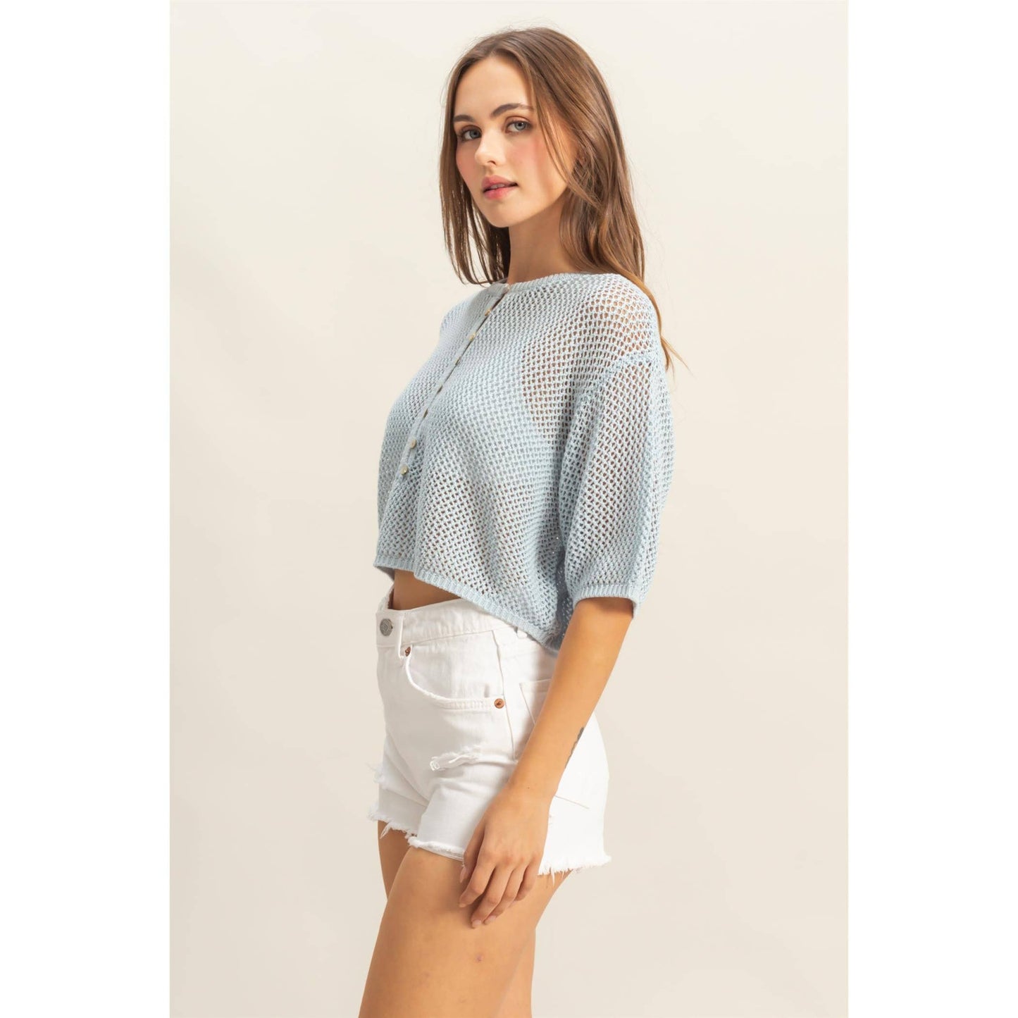 Open Stitch Button Front Loose Top