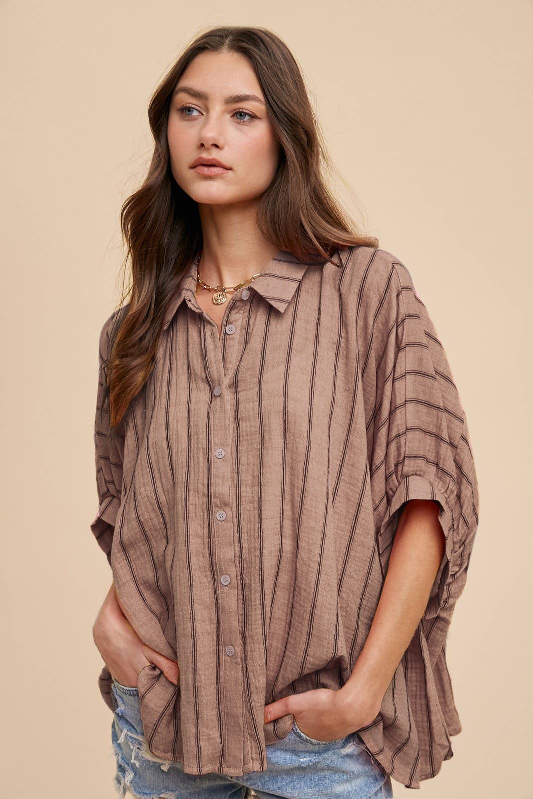 OVERSIZED DROP SHOULDER STRIPED WOVEN BLOUSE