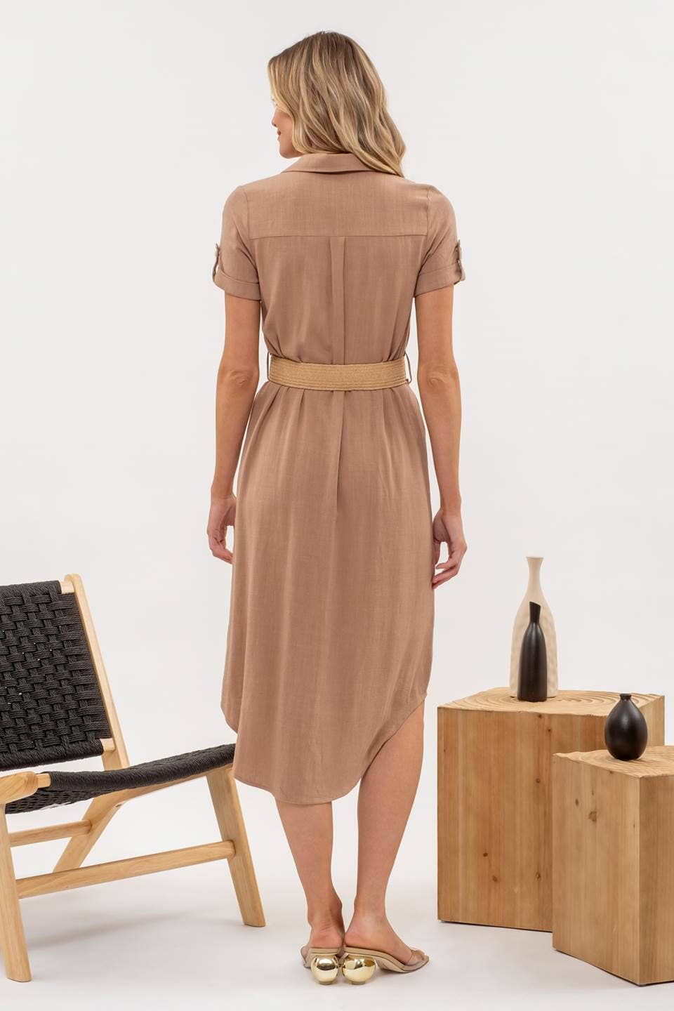 BELTED MIDI DRESS: NATURAL