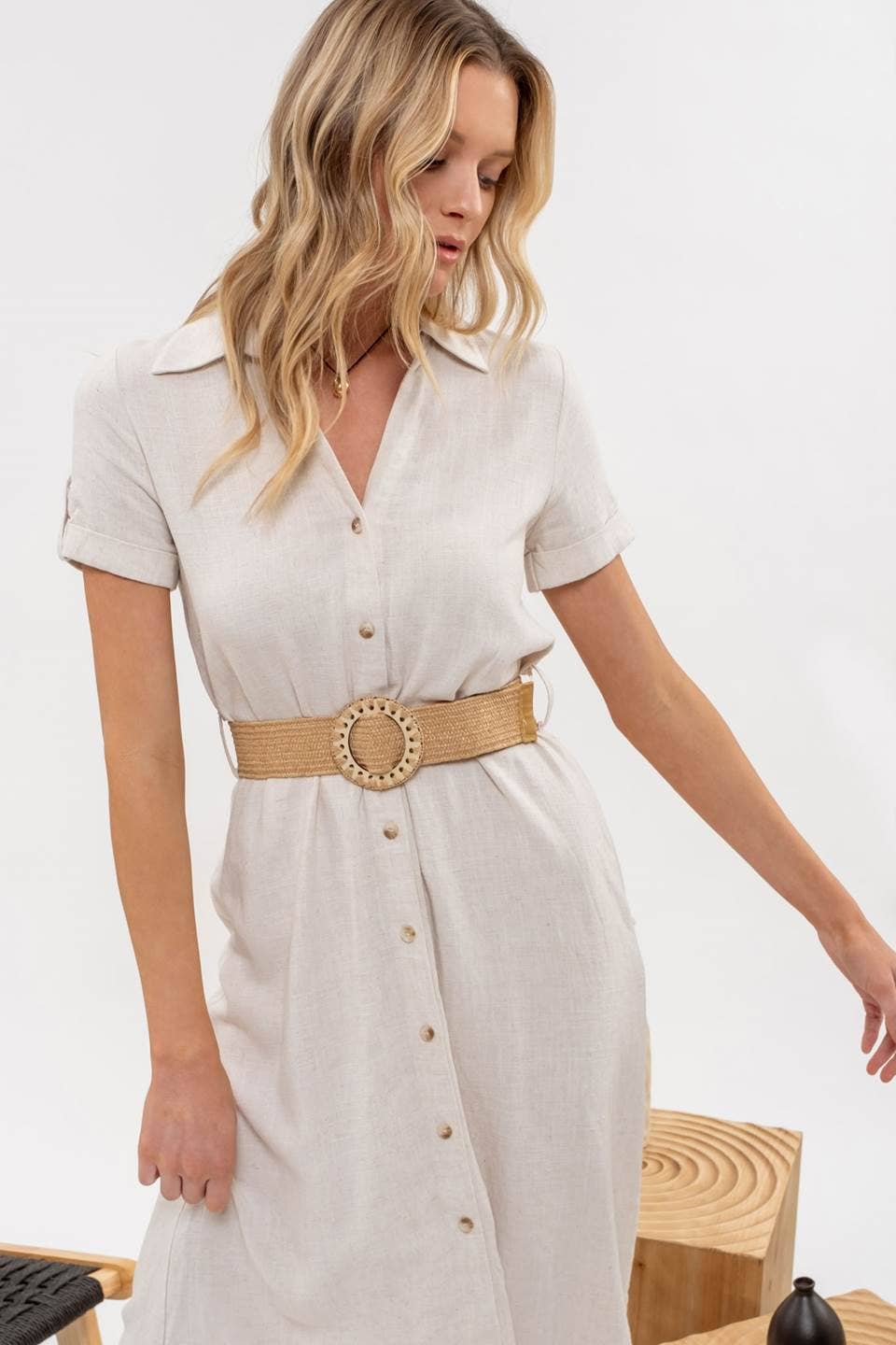 BELTED MIDI DRESS: NATURAL