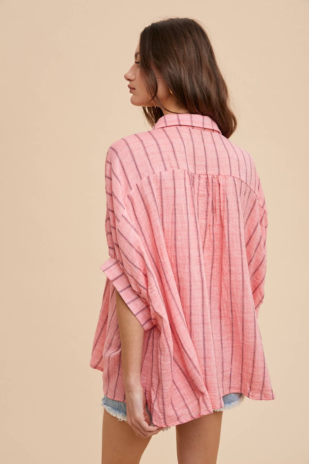 OVERSIZED DROP SHOULDER STRIPED WOVEN BLOUSE