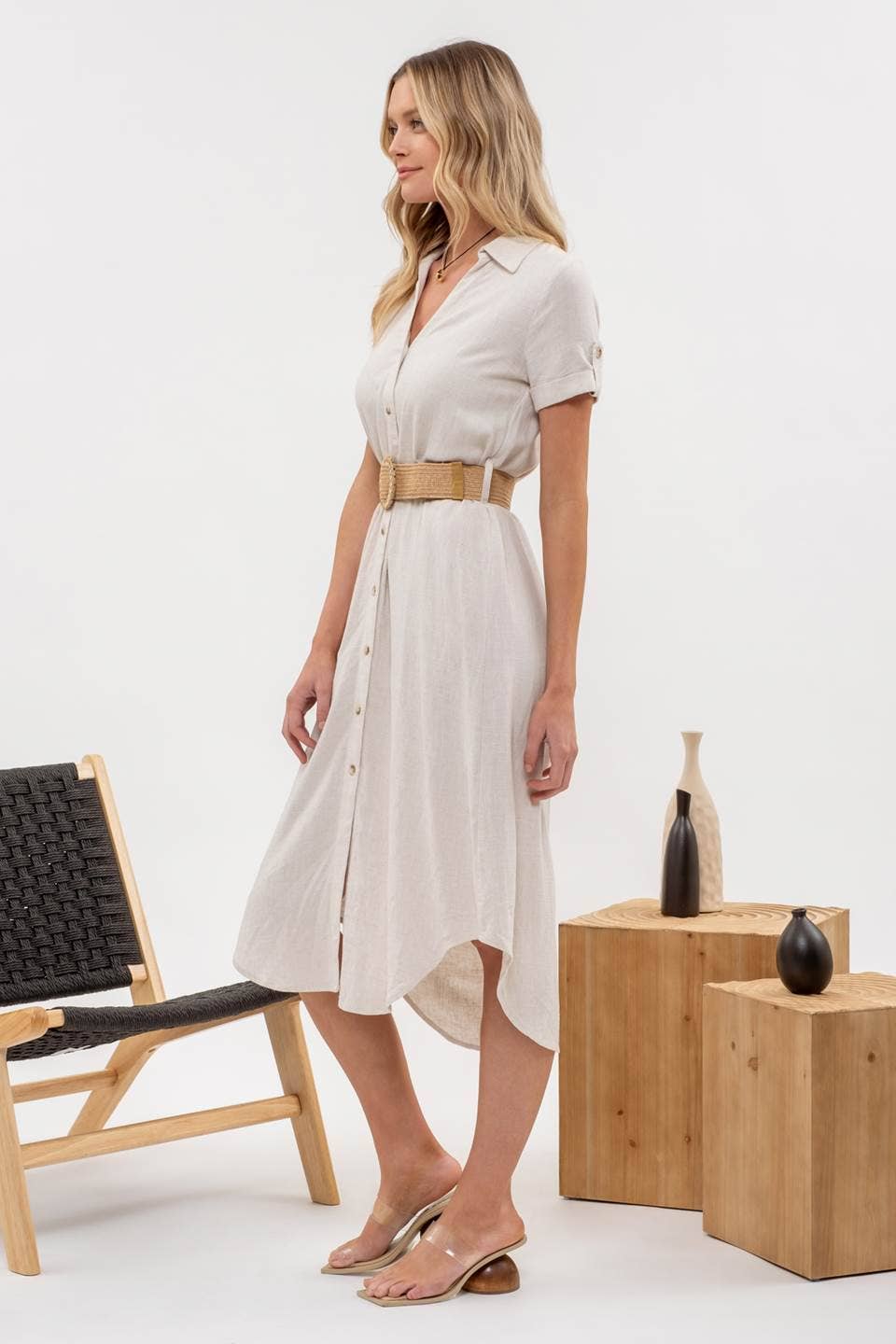 BELTED MIDI DRESS: NATURAL