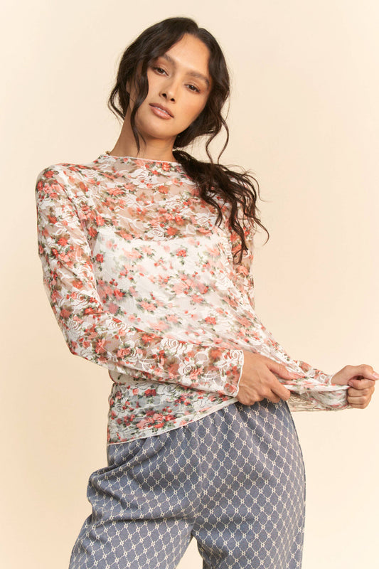 FLORAL MESH LONG SLEEVE LAYERING TOP