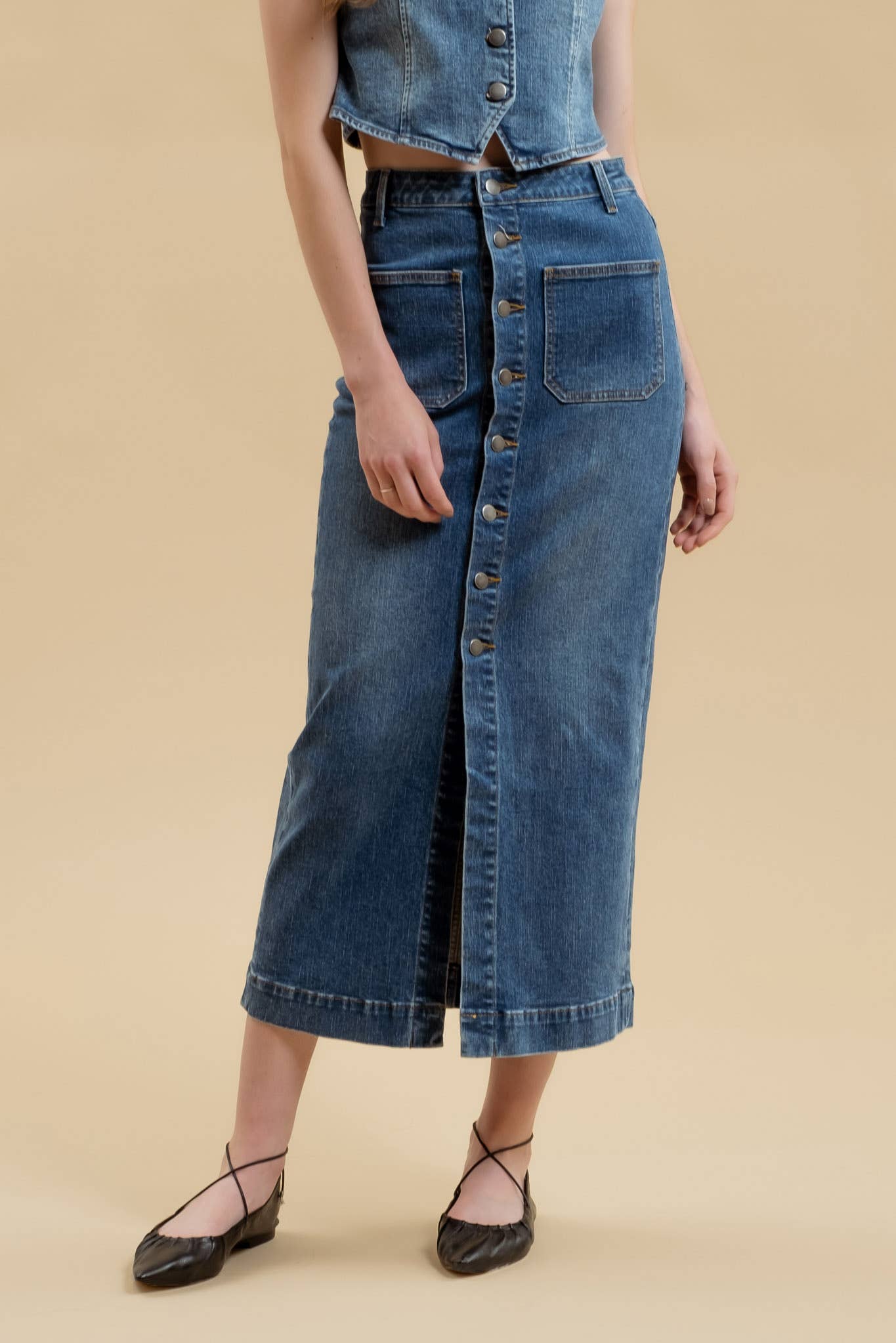 BUTTON DOWN DENIM MIDI SKIRT