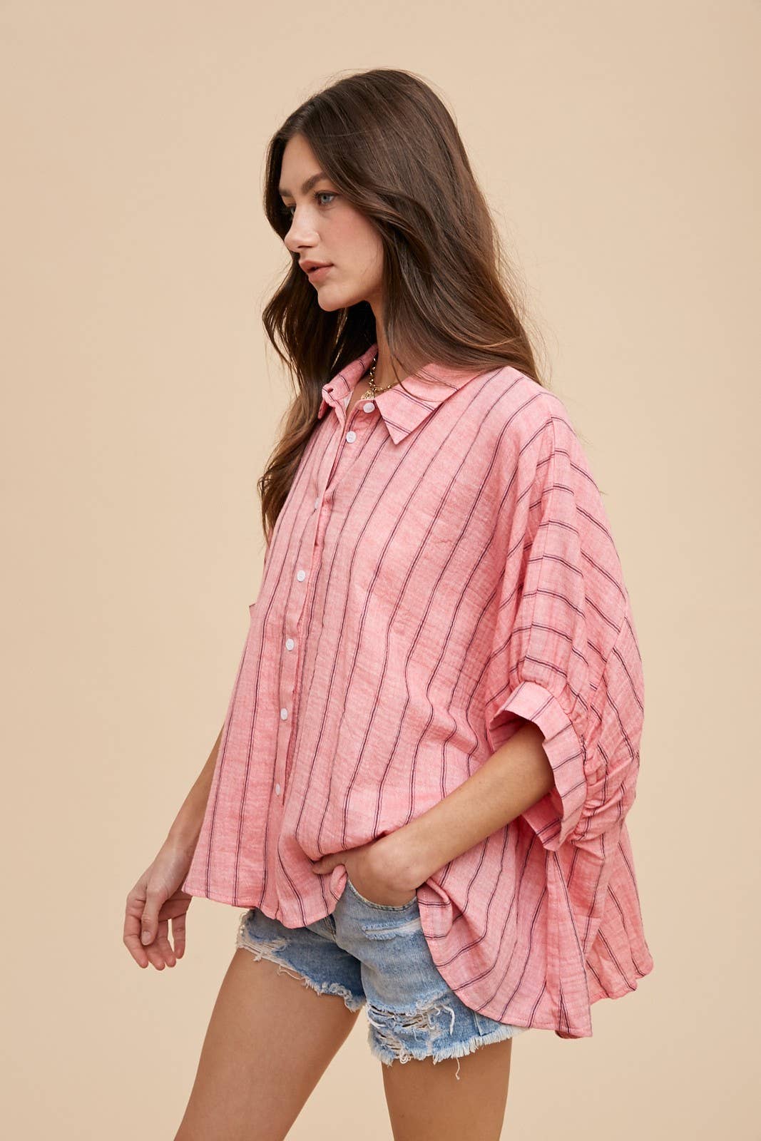 OVERSIZED DROP SHOULDER STRIPED WOVEN BLOUSE