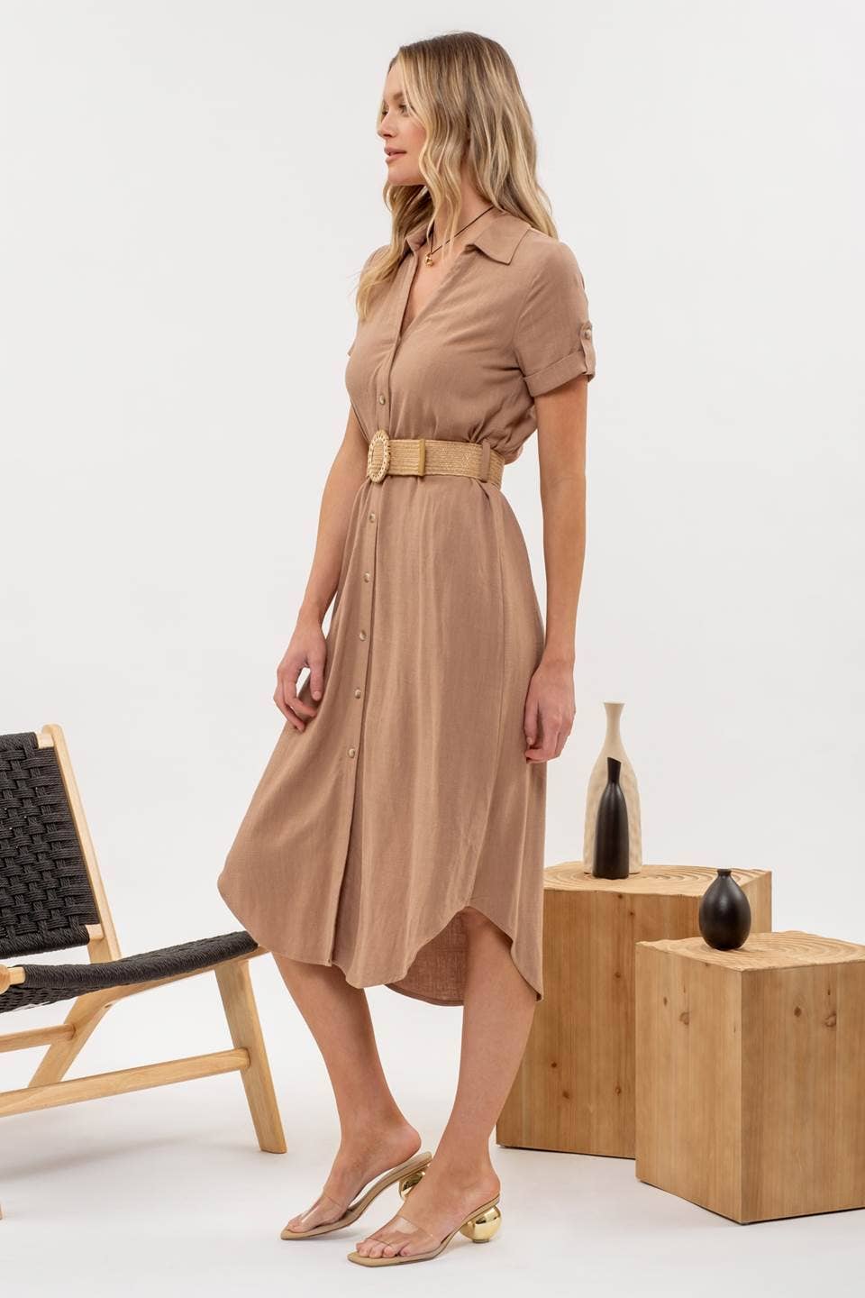 BELTED MIDI DRESS: NATURAL