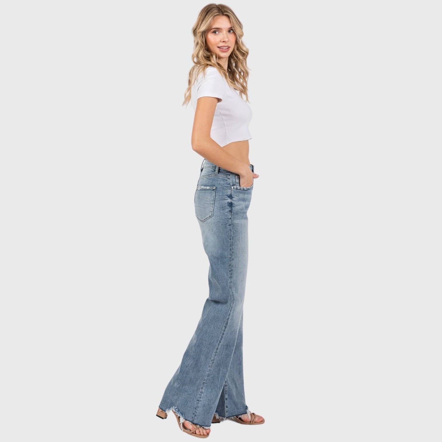 Petra VINTAGE Wide leg flare W/ FRAYED HEM HIGH RISE STRETCH