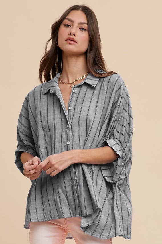 OVERSIZED DROP SHOULDER STRIPED WOVEN BLOUSE