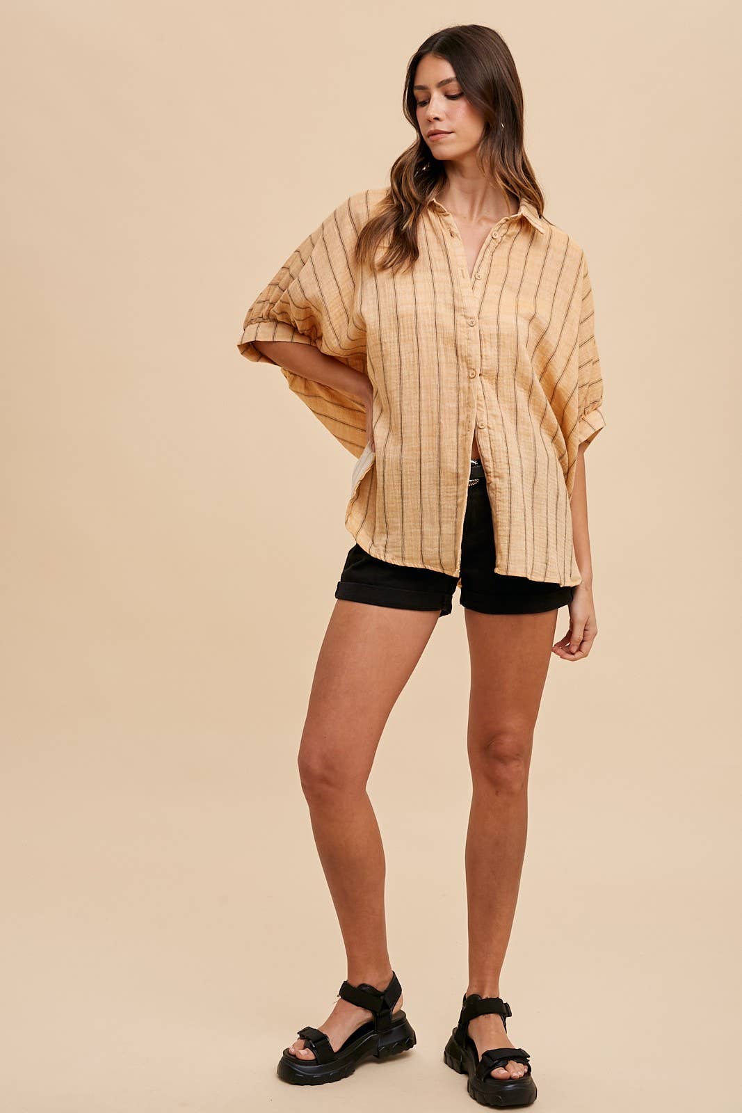 OVERSIZED DROP SHOULDER STRIPED WOVEN BLOUSE