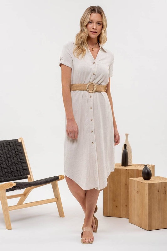 BELTED MIDI DRESS: NATURAL