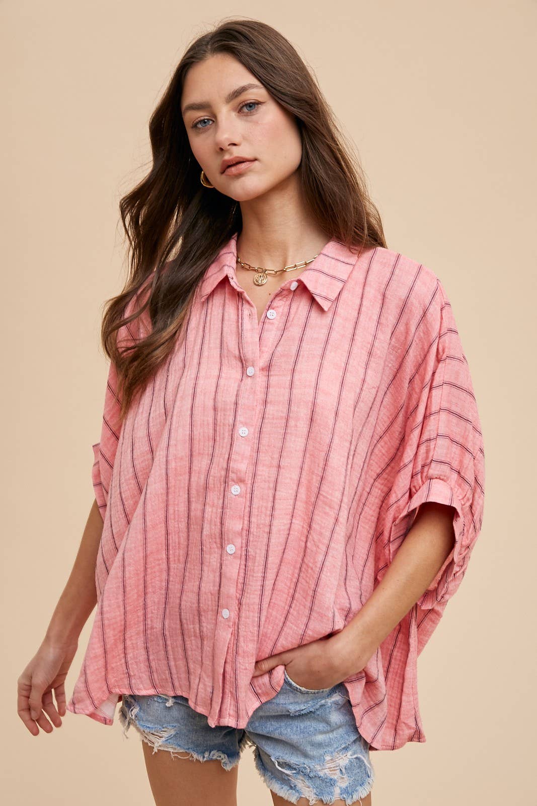 OVERSIZED DROP SHOULDER STRIPED WOVEN BLOUSE